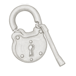 Contour-line emblem: a heavy padlock with its hasp sprung open and a pry bar resting against it.