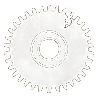 Contour-line emblem: a toothed gear wheel with one tooth broken away.