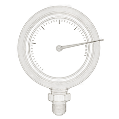 Contour-line emblem: a pressure gauge with its needle past the final mark.
