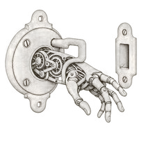 Contour-line emblem: a clockwork hand reaching past an unfastened latch.
