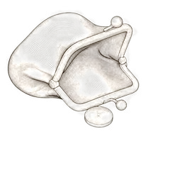 Contour-line emblem: a tipped purse with a coin escaping its mouth.
