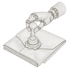 Contour-line emblem: a clockwork hand pressing a wax seal onto a document.