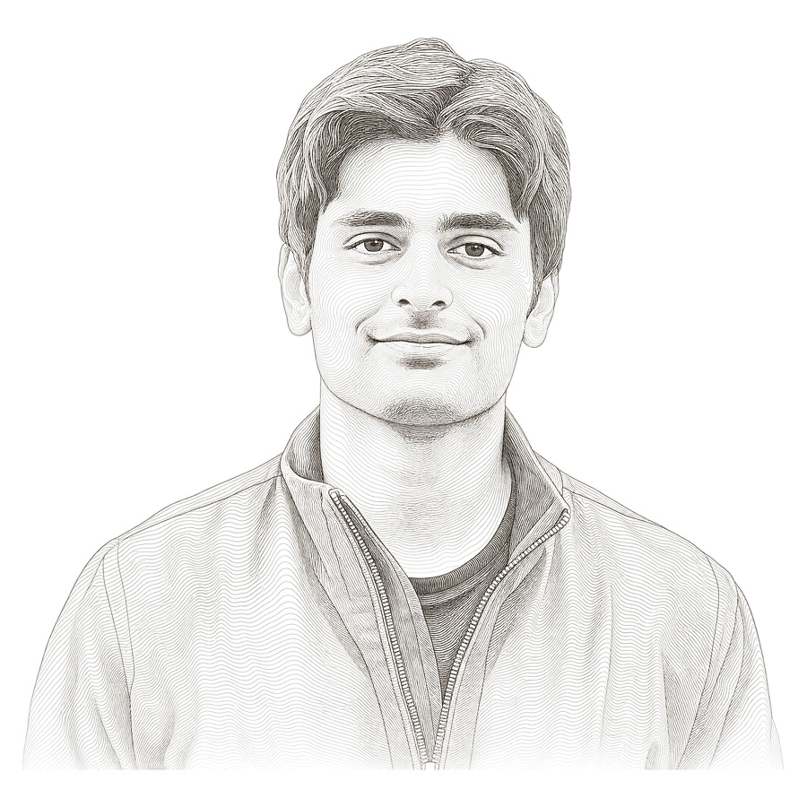 Engraved contour-line portrait of Ahmad Saroya.