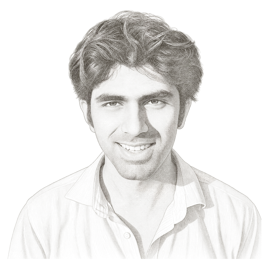 Engraved contour-line portrait of Shehryar Saroya.