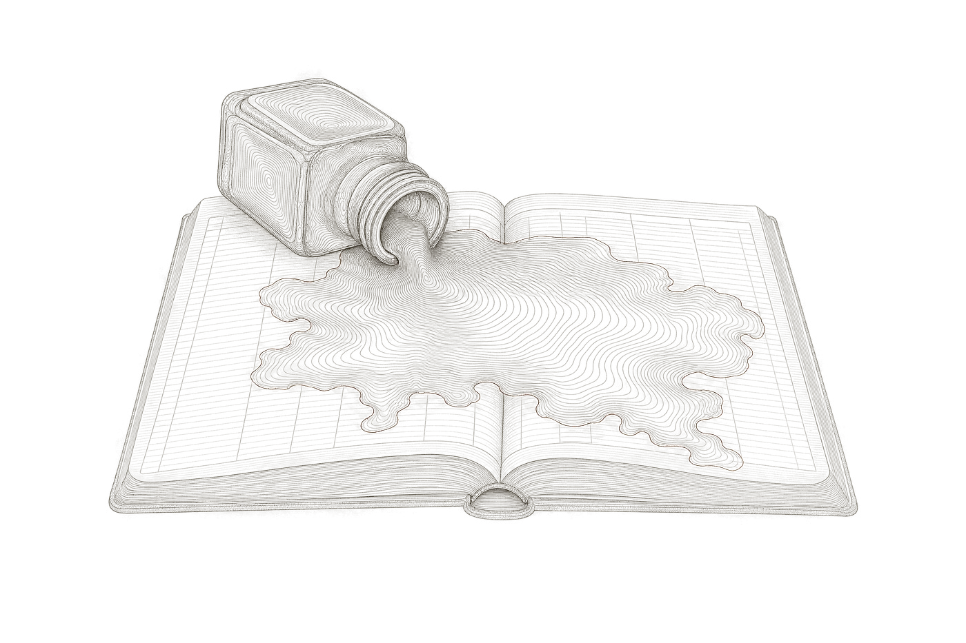 Contour-line plate: an inkwell overturned across an open ledger, the spill drawn as concentric contour rings over the ledger's own ruled entries, its outer edge traced in ochre.