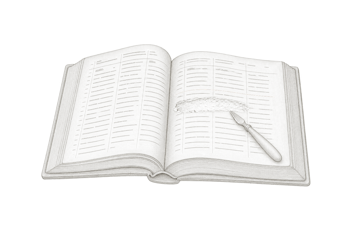 Contour-line plate: an open ledger with one entry scraped away to an abraded patch and the same entry re-ruled above it in ochre, a scraping knife resting on the page.