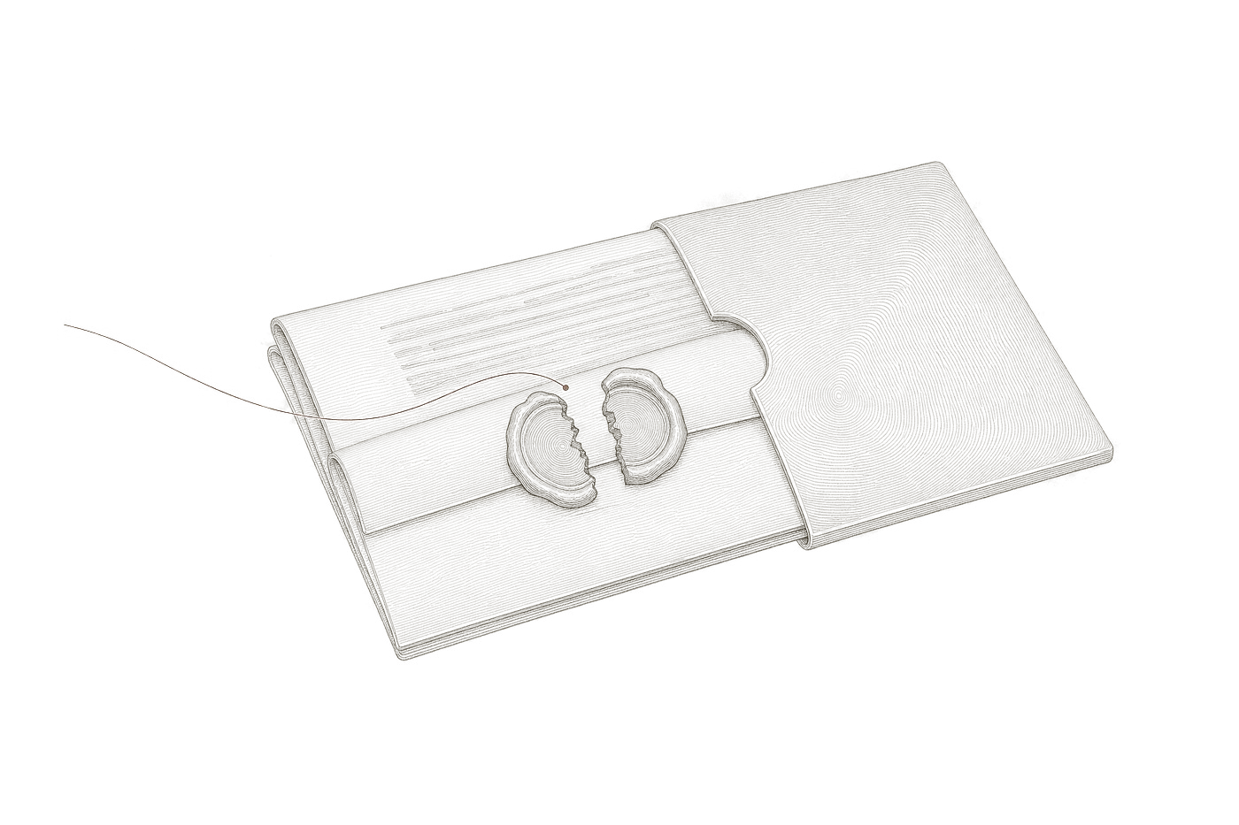 Contour-line plate: a folded writ half drawn from its delivery sleeve, its wax seal broken in two, with an ochre line arriving from beyond the plate and ending at the break.