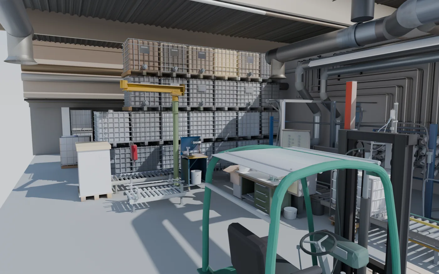 A factory floor as a BIM model: forklift, IBC totes, pipework and machinery