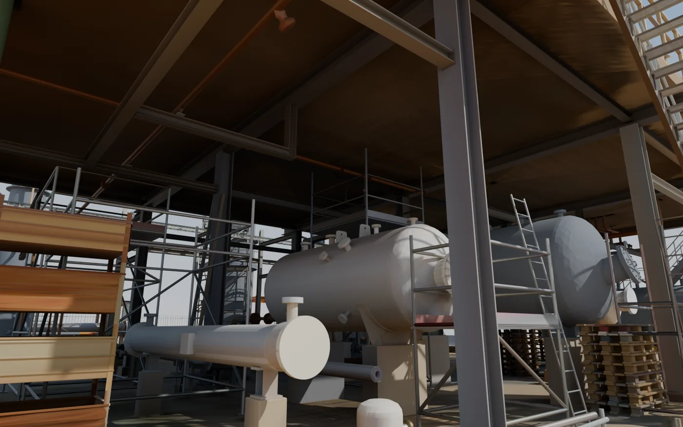 The Rotterdam process plant as a BIM model, from under the platform: vessels, heat exchanger, steel and pipework