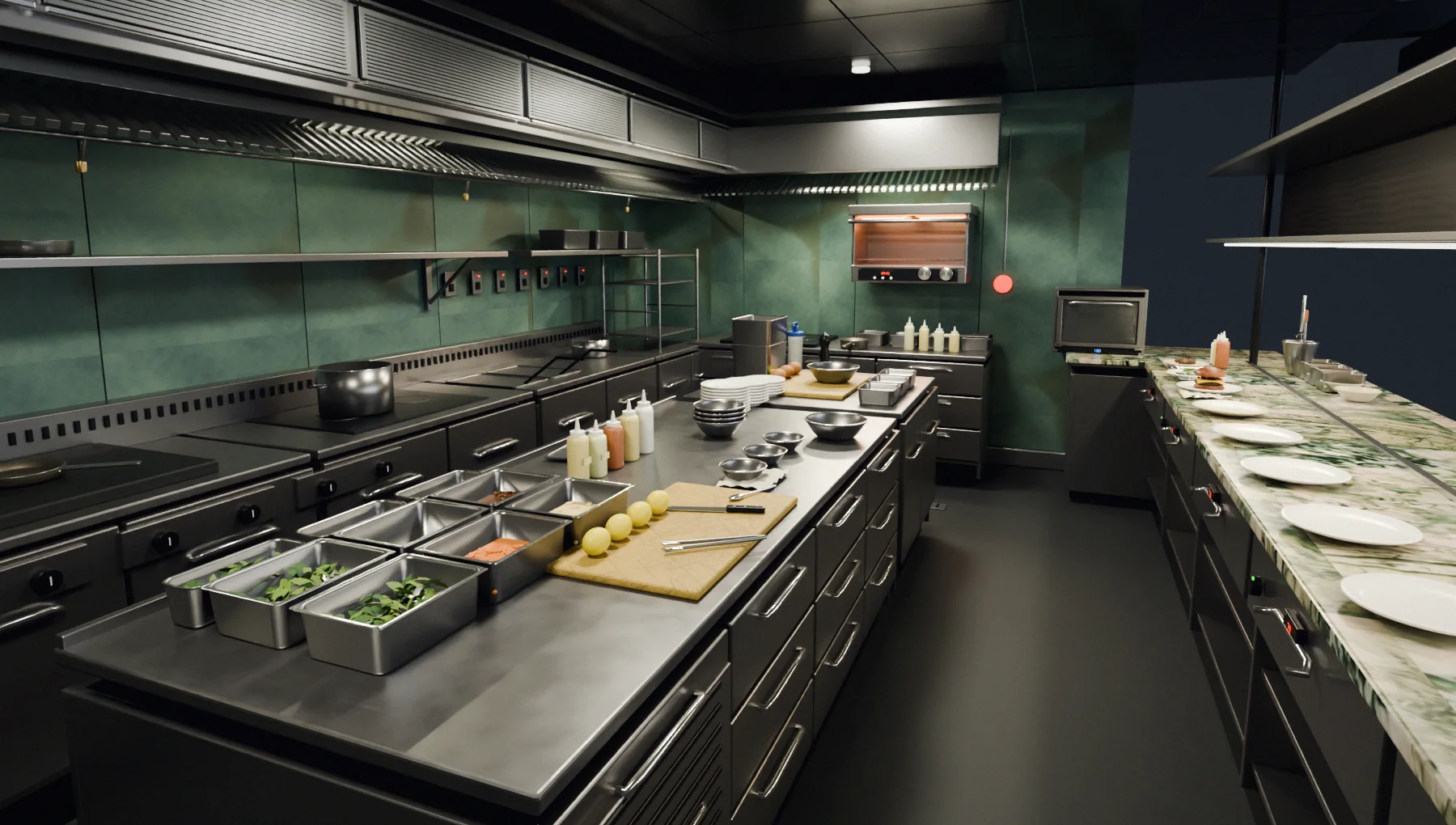 Fallow Kitchen: a reconstructed commercial kitchen built as a SimReady scene, stainless prep island and green tiled hot line