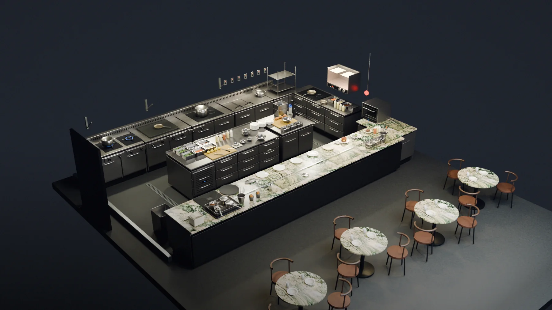 Cutaway view of the Fallow Kitchen scene on RobotGym: cooking line, prep island, marble pass and dining tables