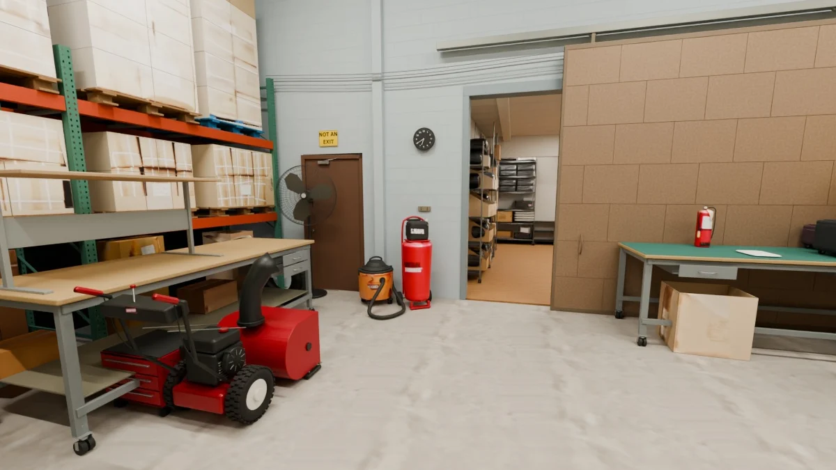 A workshop rebuilt by Moving Atoms as 767 separately editable assets: carton racking, workbenches, machinery, doors and fixtures