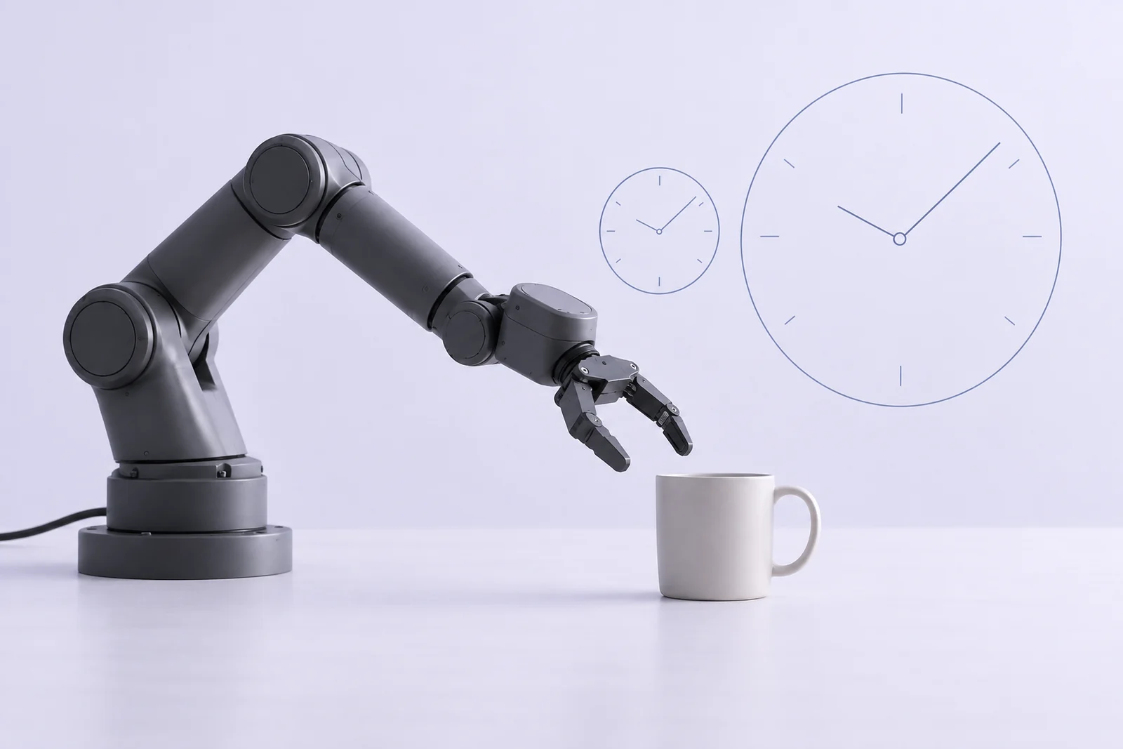 A robot arm reaching for a mug beside two line-drawn clock faces of different sizes