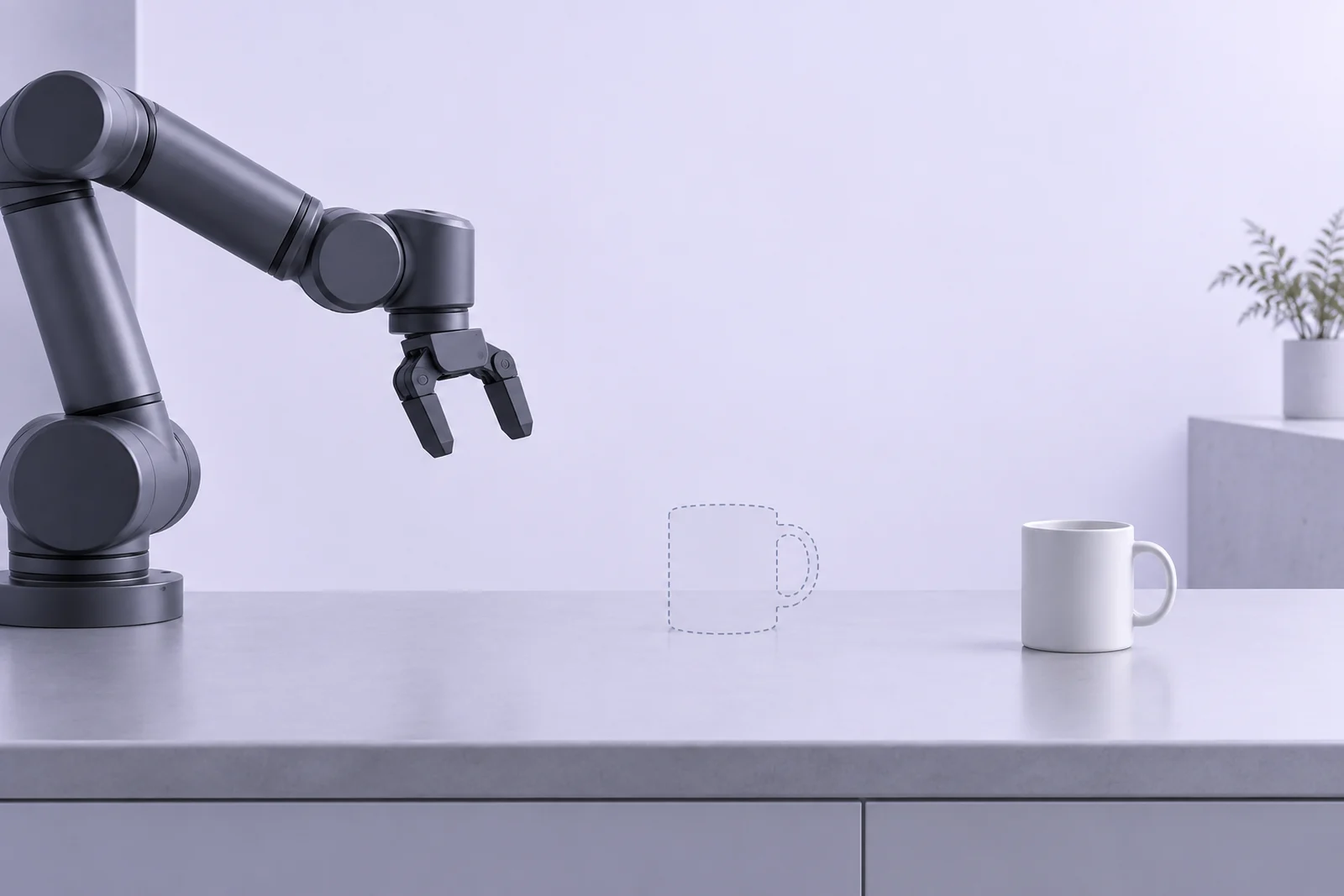 A robot arm withdrawn beside a mug on a bare counter, with a dotted outline where the mug started