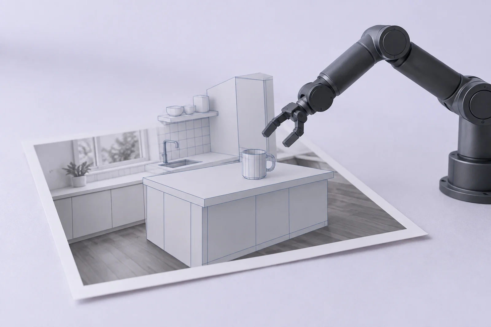 A photograph on a table with a simplified kitchen counter and mug rising out of it toward a robot arm