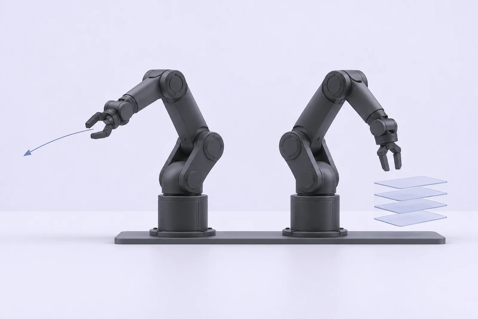 Two identical robot arms on one base plate, one with a single arrow and one with a small stack of cards