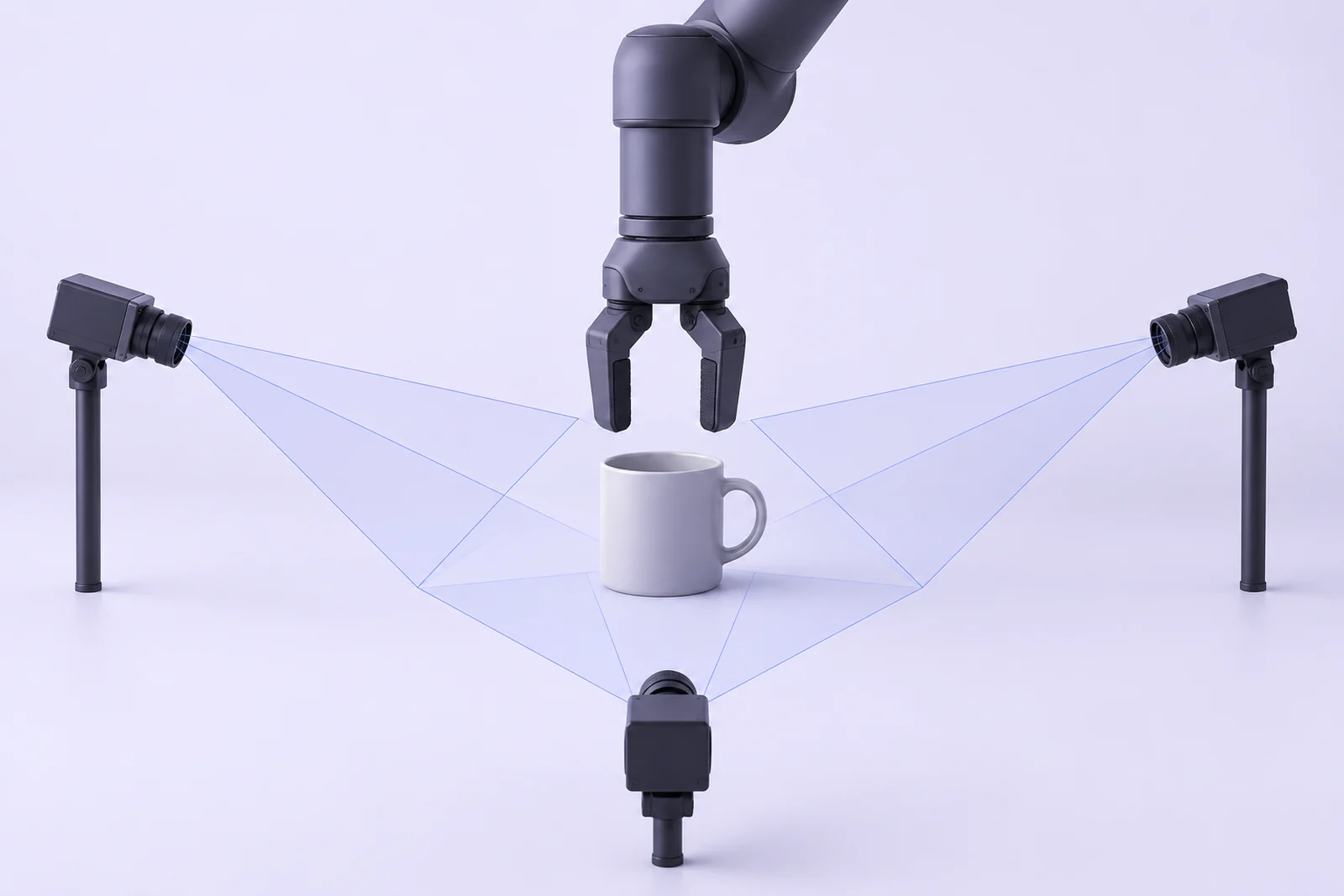 Three cameras projecting thin frustums toward a mug beneath a two-finger gripper