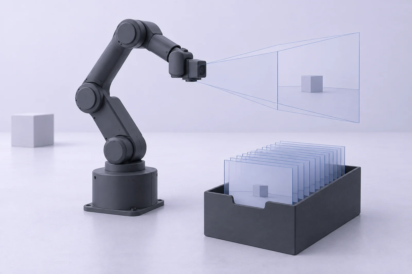 Illustration of an archive box of frames beside a robot arm
