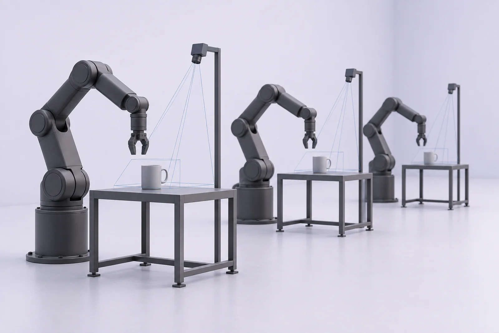 Illustration of three identical robot workstations