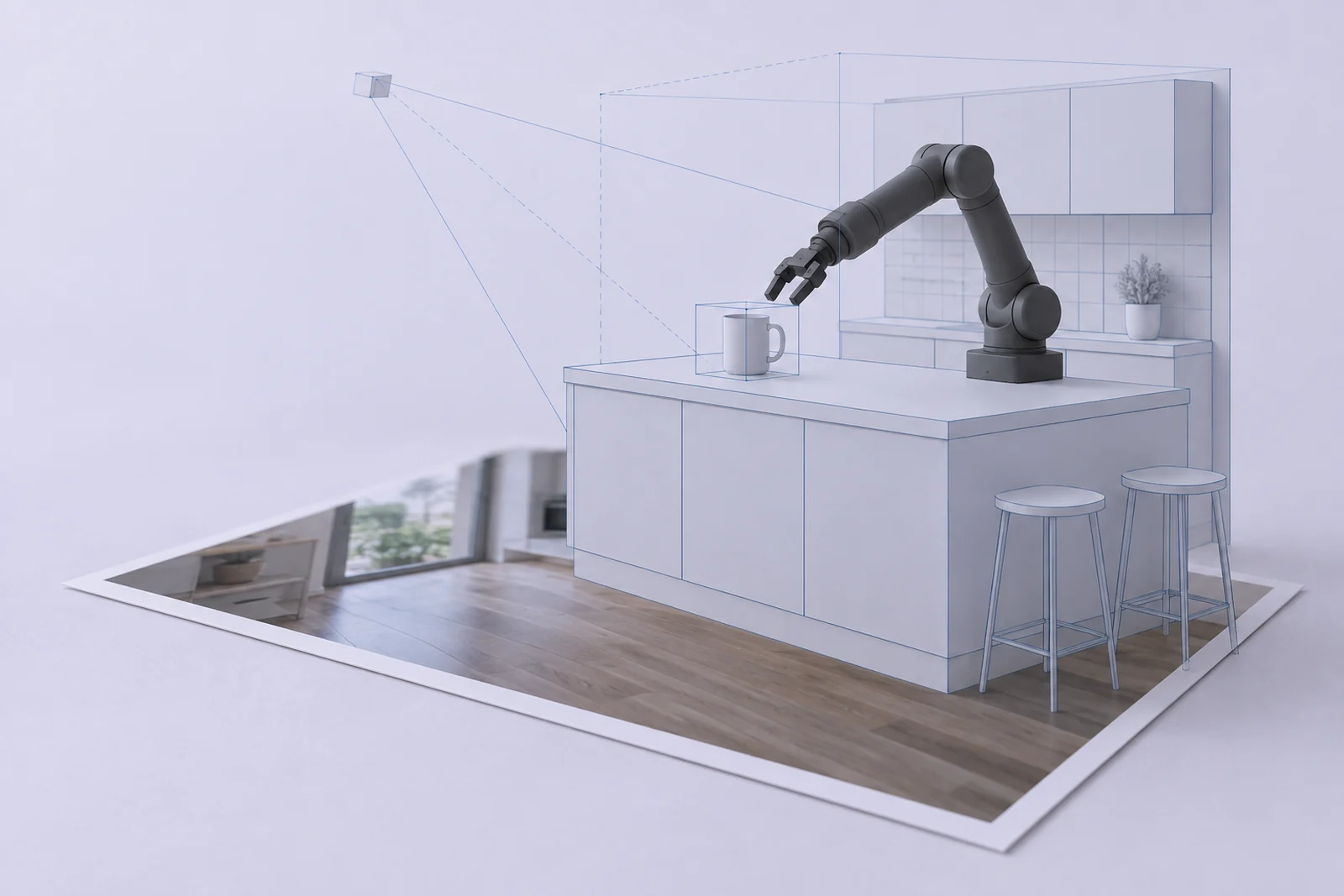 Illustration of a photograph becoming a kitchen twin