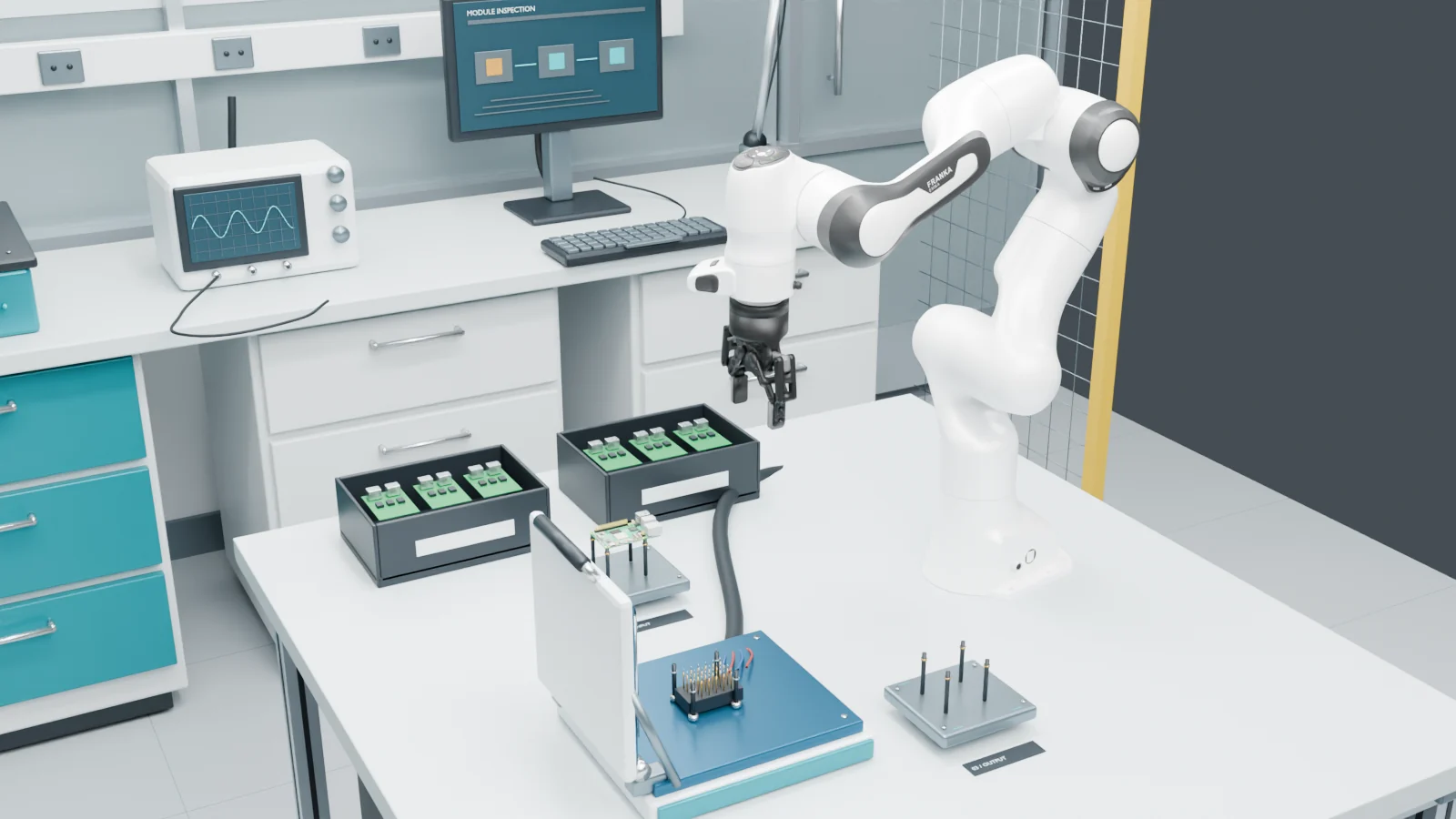 Robot above the workbench with the populated board and fixture