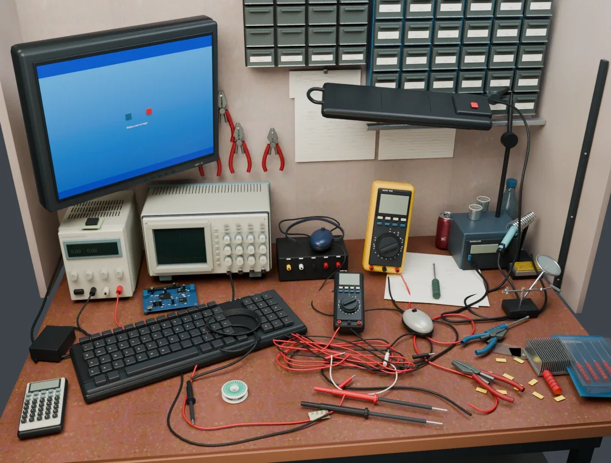 Electronics workbench, rebuilt from one photograph